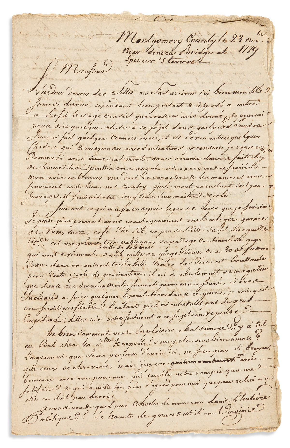 (AMERICAN REVOLUTION--1779.) Letter from a Frenchman in Maryland.